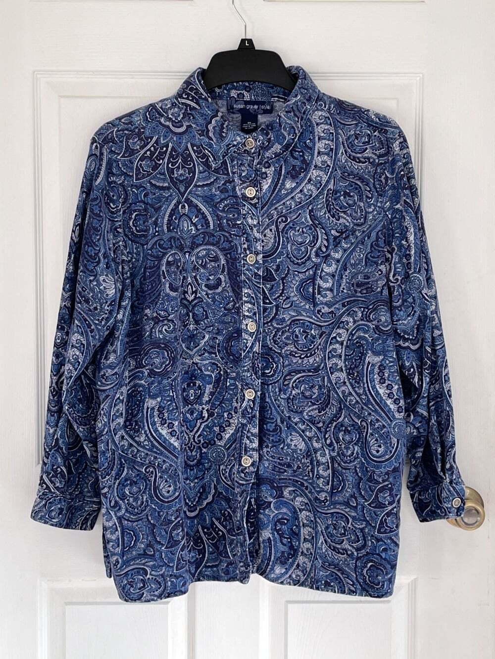 Susan Graver Style Corduroy Button Up Top 2X Paisely Side Slits Boho Artsy Retro